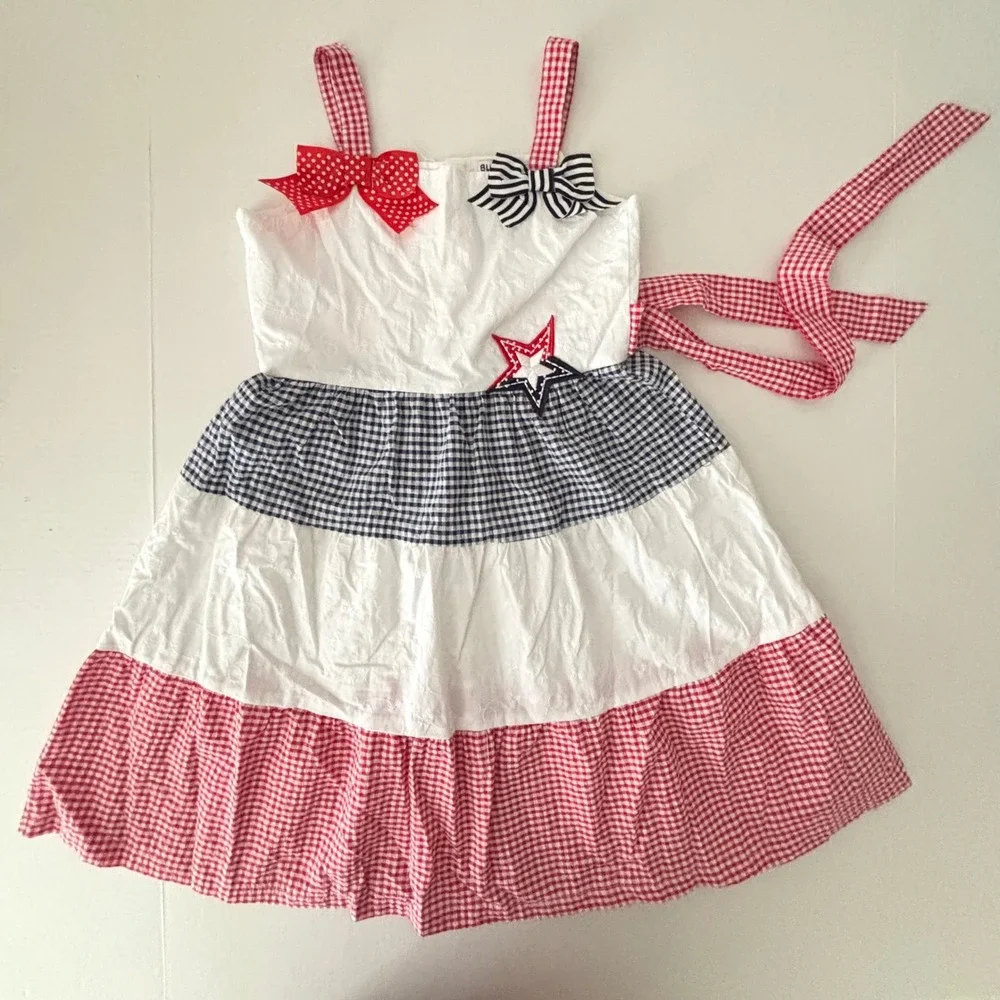 Blueberi‎ Boulevard Girls 8 Patriotic Stars Stripes Dress Gingham Eyelet USA EUC
